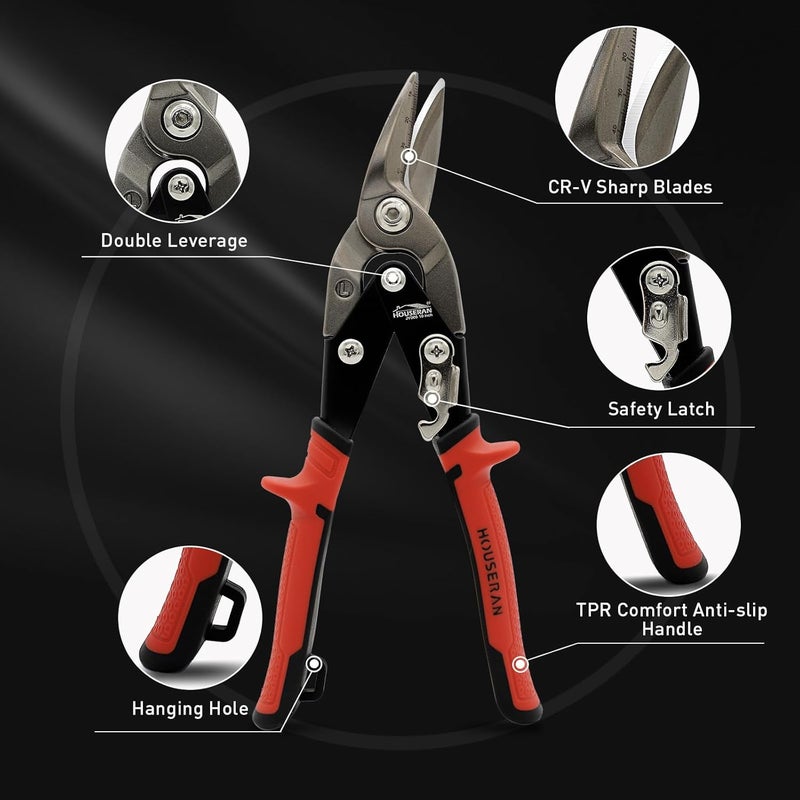HOUSERAN 10 Inch Aviation Snips, Left Cut Offset Tin Snip, Heavy Duty CR-MO Tin Cutters with Double Lever, Scale Markings & Safety Lock, Sheet Metal Snips, Shears Scissors for Cutting Metal Sheet - Image 2